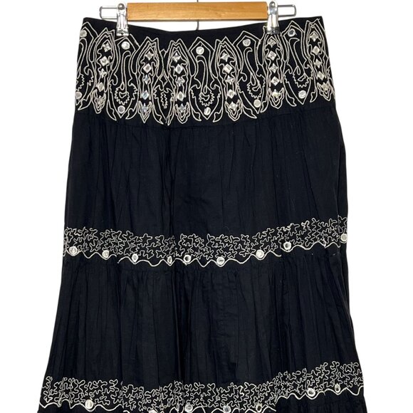 Maxi Skirt Embroidered Gypsy Boho Artsy Black Nature Flowy Coastal Lagom Size 8 - Picture 4 of 11